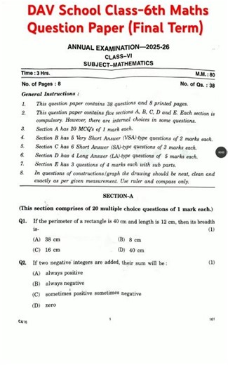 DAV School Class-6th Maths Subject Annual Exam Question Paper #davschool #exampreparation #fyp #cbse