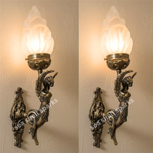 Pair of Vintage Art Deco Brass Wall Sconces | Mermaid Lion Fixture - Etsy