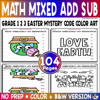 Mixed Addition Subtraction Grade 1 2 3 Math Easter Mystery Code Color Game Brain