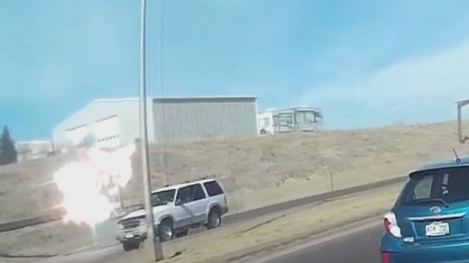 WHOA. This crazy dashcam video shows wind in Colorado Springs snapping power lines in half, with one causing an explosion and almost landing on a car. 😬 | 9NEWS (KUSA)