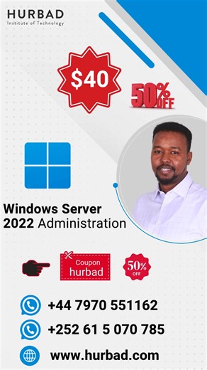 Windows Server 2022 Administration waa koorso aad ku baraneyso sida Operating System loogu shubo windows server loona howl galiyo, sidoo kale waxaad ku baran doontaa sida loo maamulo computer-da iyo dadka isticmaalaya haday noqdaan users cusub oo lagu darayo iyo kuwo laga saarayaba, waxaad kaloo baran doontaa sida loo xaqiijiyo amniga oo loo xuso cida xogta awooda u leh inay isticmaasho ama wax ka badashaba 🔗 Hadda Dalbo: https://hurbad.com/courses/windows-server-2022-administration/ 📞 WhatsAp