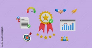 Quality assurance concept. Good service, five stars rating, premium service assurance, excellence service, high quality approval, business excellence. 4k 3d animation. Trim first 3 sec for loop