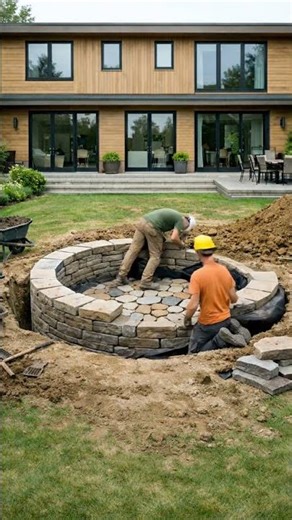 From Dirt Pit to Stone Pond Fountain in Seconds 🔥 #shorts #backyardmakeover #beforeandafter