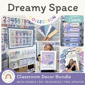 Dreamy Space Theme Classroom Decor Bundle | Pastel Galaxy Solar System Planets