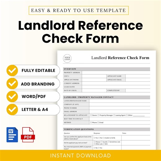 Landlord Reference Check Form Template – Word & PDF, A4 + US Letter - Etsy UK