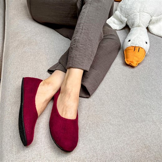 Handmade Merino Wool Ballet Flats: Burgundy Felted Slippers With Rubber Soles - Etsy