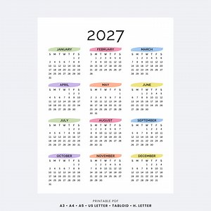 2027 Yearly Calendar Printable One Page | Full Year at a Glance Minimalist PDF | Monday & Sunday Start A4, Letter, Tabloid, A3 Wall Calendar - Etsy