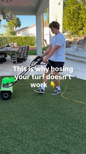 Gilbert Turf Cleaning on Instagram: "WHY HOSING DOESN’T WORK👇🏼 Most people think spraying their turf with a hose is “cleaning it,” but here’s the truth: water only touches the surface. It can’t reach the bacteria, odor, hair, dust, and trapped debris buried deep inside the turf fibers. This yard looked totally normal from above… until we started power brooming. Once the fibers lifted, all the hidden junk inside came to the surface. And when we deodorized it and dumped out everything the vacuum