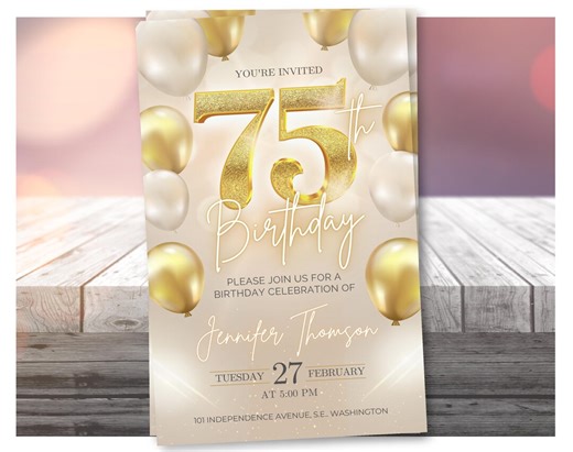 75th Birthday Invitation Template, Editable Gold Birthday Invite, 75th Birthday Invitation, Elegant Invitation, Instant Download - Etsy