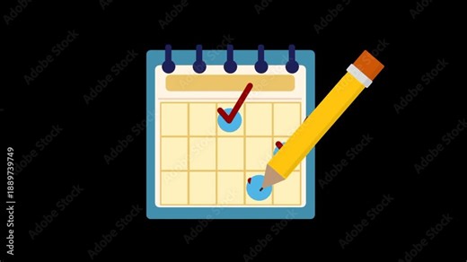 Animated pen checking a calendar checklist symbolizing completed tasks, often used for task completion, workflow progress, business productivity, and project status updates.