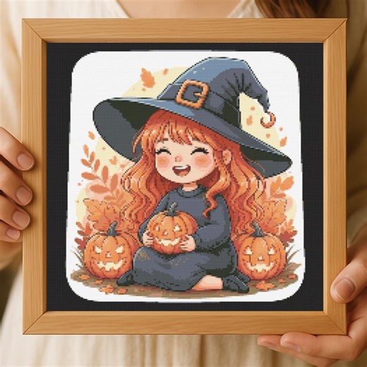Cute Halloween Witch Cross Stitch Art in Wooden Frame Smiling Girl With Jack Lantern Autumn Fall Decor - Etsy