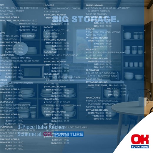 5.4K views · 17 reactions | More cupboards. Less clutter. The 3-Piece Italia Kitchen Scheme is built for everyday homes.​  Visit OK Furniture and take it home today. | OK Furniture Lesotho | Facebook