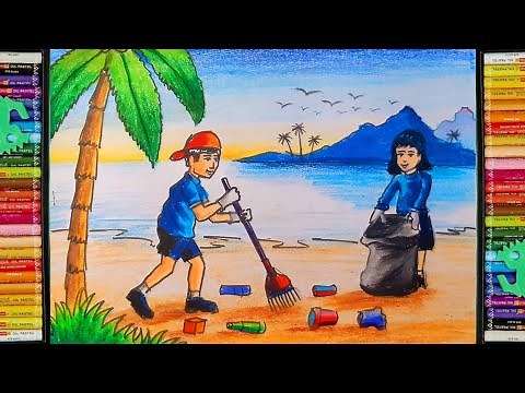 kids cleaning beach drawing | clean environment drawing easy with oil pastel colour step by step