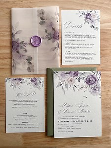 Lilac Wedding Invitation Suite, Light Purple Vellum Wrap Details Card, Sage Rustic QR RSVP Insert, Green Envelope and Floral Wax, PD10 - Etsy