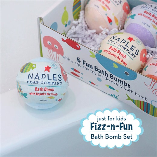 All NEW 📣 Fizz-n-Fun Bath Bombs for kids. 💕 The same premium quality, USA-made bath bombs that you love - now in kid-friendly scents with a hidden squishy toy inside each bomb. 🍌Mana-Banana 🍇 Grape Crush 🍊Citrus Squeeze 🍒 Very Cherry 🍓 Berry Goodness 🫐 Fruit Fantasia www.naplessoap.com/fizz-n-fun-kids-bath-bomb-set/ | Naples Soap Company
