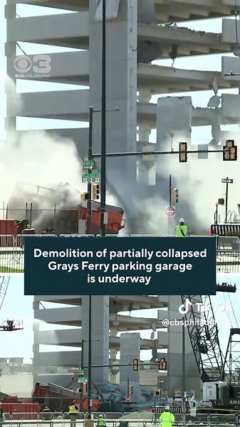 Workers got started on the demolition of the partially collapsed garage on Saturday morning. Into the afternoon, portions of the structure were coming down as a large crane swung a wrecking ball. Click the link in our bio for more. #philly