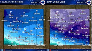 As a cold front pushes south today, temperatures will follow a non-traditional pattern, with many places seeing temperatures remaining steady or falling through the day. Dangerously low wind chills are expected in the northeastern Panhandles. | US National Weather Service Amarillo Texas