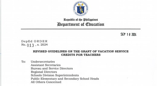 DepEd Order 013, s. 2024 : Revised Guidelines on the Grant of Vacation Service Credits for Teachers