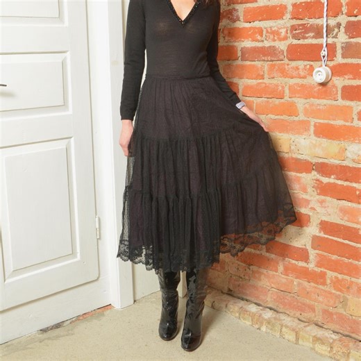 Vintage 90s Black Sheer Lace Tiered Midi Skirt – Romantic Gothic Style, Size Small - Etsy