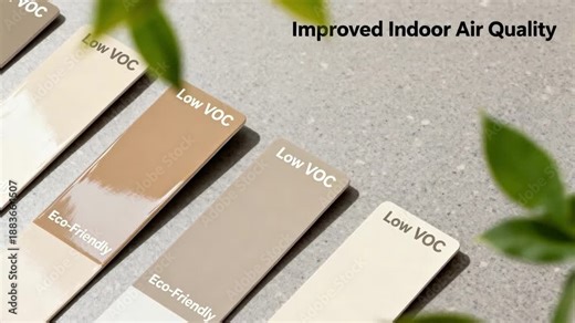 Medium shot of paint samples displayed on a counter promoting lowVOC options with varied finishes underlining ecofriendly remodeling and improved indoor air quality