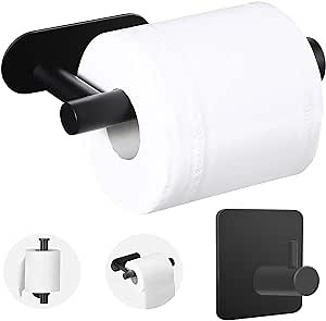 KIKETECH Adhesive Toilet Paper Holder - Black Toilet Roll Holder & Adhesive Hooks for Bathroom, Wash Room, RV, Kitchen, Rustproof Toilet Paper Holders for Mega Roll, Black