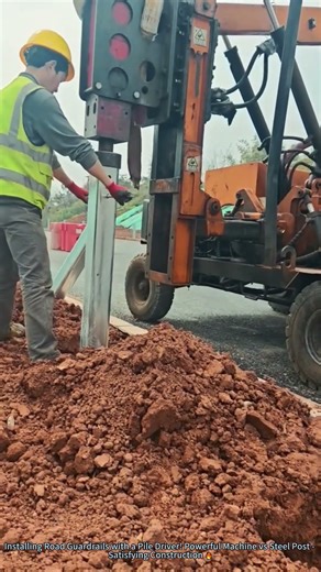 Installing Road Guardrails with a Pile Driver! Powerful Machine - Satisfying Construction 🔥
