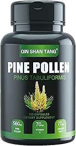 Pine Pollen Supplement wtih Ginger Root and Vitamin C, 99% Cracked Cell Wall,120 Veggie Capsules，Focus＆Immune Improve for Women and Men