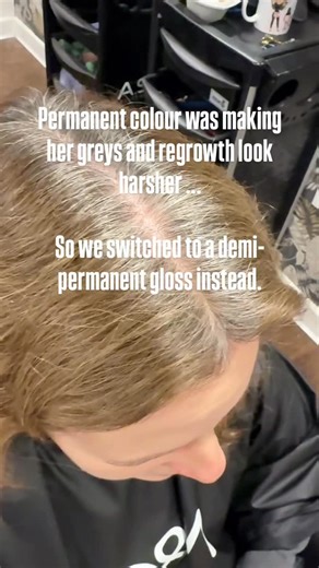 Donna |Grey Blending Specialist |Worcestershire on Instagram: "After years of using permanent colour and the occasional highlight, her grow out was always the same: high maintenance, fading warm and leaving an obvious line of demarcation. She was done with the constant upkeep and ready to try something different, a softer route. This time, we switched to a cooler, deeper, demi-permanent gloss, chosen to reflect the natural depth of her hair, not fight against it. We didn’t go lighter thinking it