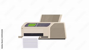 Printer. Animation graphic printer prints a document, alpha channel. Cartoon