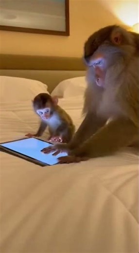 Monkey Mom Teaching Her Baby With a Tablet 😍