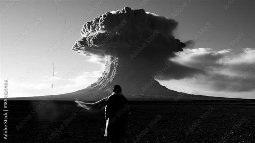 Woman photographer with large format camera watches volcano eruption. Massive ash cloud rises from erupting volcano. Photographer captures volcanic explosion in desert. Black and white volcano