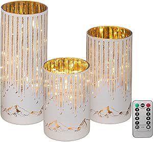Starry Night Elegant Hurricane Candleholders with LED Flickering Lights & Remote Timer, Decorative Glass Hurricanes for Indoor Table Centerpieces & Year-Round Home Decor, Set of 3 (White)