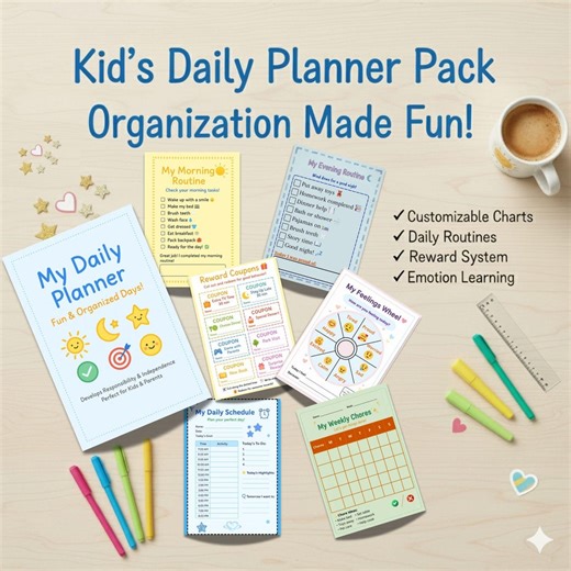 Kids Daily Planner Pack - Printable Routine Charts, Chore Tracker, Emotion Wheel - 7 Pages - Instant Digital Download - Etsy