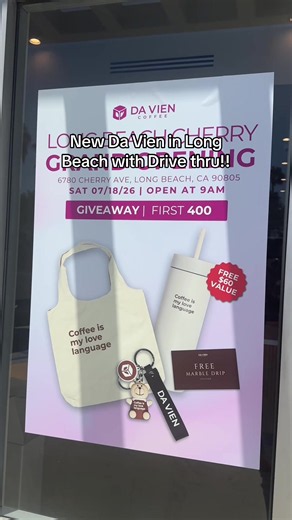 Grand opening is 7/18 and first 400 get a tote bag, key chain, tumbler & free drink voucher!! @davien.coffee #longbeach #coffee #lb #losangeles #lbc