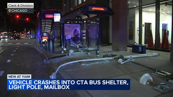 Vehicle crashes into CTA bus shelter, light pole, mailbox at Clark, Division in Gold Coast