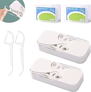 2PCS Portable Floss Dispenser with 24+100 Floss Sticks, Floss Portable Case, Upgraded Floss Dispenser, Travel Floss Case, Automatic Floss Organizer for Women Men Teeth Cleaning (B-White)