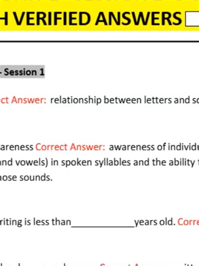 LETRS Unit 1 – Sessions 1–8 | Questions & Verified Answers Session 1: The Simple View of Reading Q1: The Simple View of Reading states that reading comprehension is the product of: A. Decoding × Oral Language Comprehension B. Phonics Phonemic Awareness C. Vocabulary Fluency D. Sight Words Grammar Answer: A. Decoding × Oral Language Comprehension Explanation: Reading comprehension requires both the ability to decode words and understand spoken language. Weakness in either affects reading success.