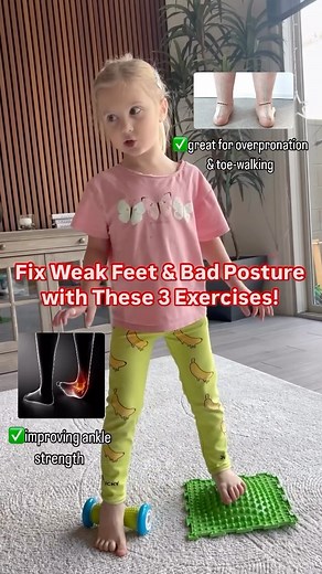 Child Posture Specialist | Valgus & Flat Feet on Instagram: "Strong feet = Better posture, stability, and movement! Try these simple but effective exercises to activate foot muscles, improve balance, and enhance coordination. 💡 1️⃣ Sensory & Roller Foot Activation 👉 Stand tall with one foot on a sensory mat and the other on a feet roller. 🔄 Gently roll the foot back and forward on the roller while keeping balance. ✅ Benefits: Improves foot mobility, strengthens arches, and enhances body aware