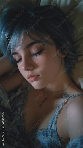 Young Woman with Short Messy Blue Hair Lying on Bed, Front View