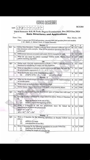 BCS304DATA STRUCTURESVTU 3rd SEM2022 SCHEME🔥 MODEL PAPER🎯 PASSING PACKAGE✅ 70+ MARKS#BCS304