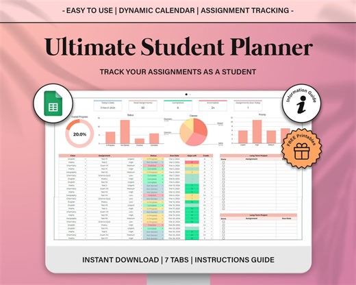 Academic Student Planner Spreadsheet School Assignment Tracker Google Sheets Excel College Study Planner Template University Class Planner - Etsy