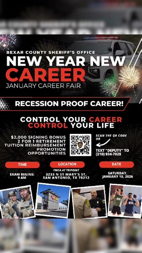 The Bexar County Sheriff’s Office Mounted Unit is just one of many specialized units available within the Sheriff’s Office. If you’re interested in learning more about the opportunities we offer, join us this weekend at our January Career Fair and start the New Year with a new career. 🗓 Saturday, January 10, 2026 ⏰ 9:00 AM 📍 YMCA | 3233 N. St. Mary’s St., San Antonio Written and physical testing will be offered on-site for the Detention Cadet position. Stop by to learn about competitive pay, e
