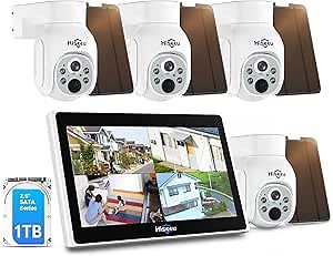 Hiseeu Solar Security Camera System, 4MP 100% System with 10" LCD, 360° PTZ, Color Night Vision, Motion Detection, 2.4G WiFi Home Security System, No Subscription Fees, 1TB HDD Included