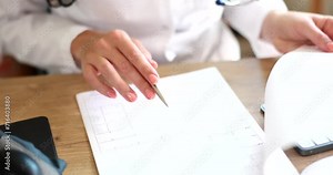 Cardiologist doctor reading ecg paper report of patient with heart disease. Examination of cardiovascular system and heart disease