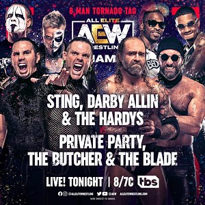 #AEWDynamite TONIGHT LIVE 8/7c on TBS: - 8 Man Tag: #Sting/ #DarbyAllin/ #TheHardys v #PrivateParty / #TheButcher/ #TheBlade - #CMPunk Returns! - #JonMoxley / #BryanDanielson w/ Regal v #VarsityBlonds - #LegitLeyla v #RedVelvet - #SportsEntertainers #ChrisJericho/ #DanielGarcia v #AlexReynolds & #JohnSilver - #MJF speaks - #AdamCole v #JayLethal | All Elite Wrestling