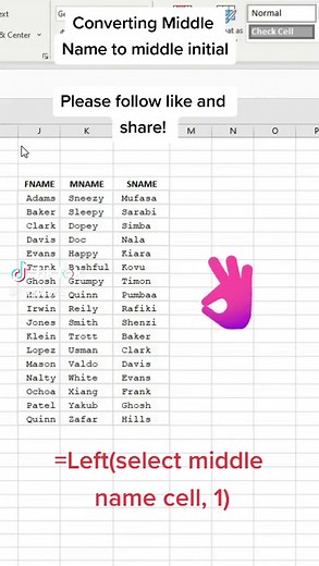 Converting middle name to middle initial #excel #exceltips #exceltricks #for #foryou #foryoupage #forupage