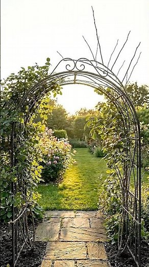 Bare Metal Arch Vanished Under Pink and Red Climbing Roses 🌹