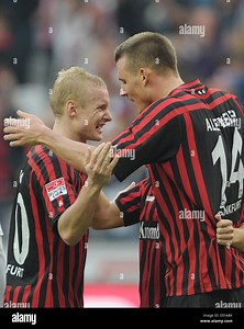 Frankfurt's Alexander Meier (R) celebrates his 3-1 goal with Sebastian Rode during the German Bundesliga match between Eintracht Frankfurt and Hannover 96 at Commerzbank-Arena in Frankfurt am Main, Germany, 20 October 2012. Photo: BORIS ROESSLER (ATTENTION: EMBARGO CONDITIONS! The DFL permits the further  utilisation of up to 15 pictures only (no sequntial pictures or video-similar Stock Photo - Alamy