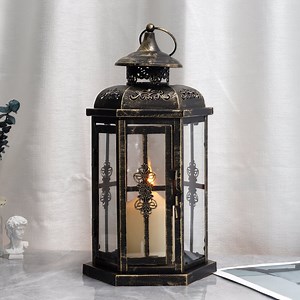 Medium Decorative Outdoor Metal Candle Lantern, Black with Gold Brush