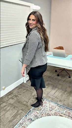 Houndstooth blazer meets sleek black skirt—classic, sharp, and effortlessly powerful. 🖤✨